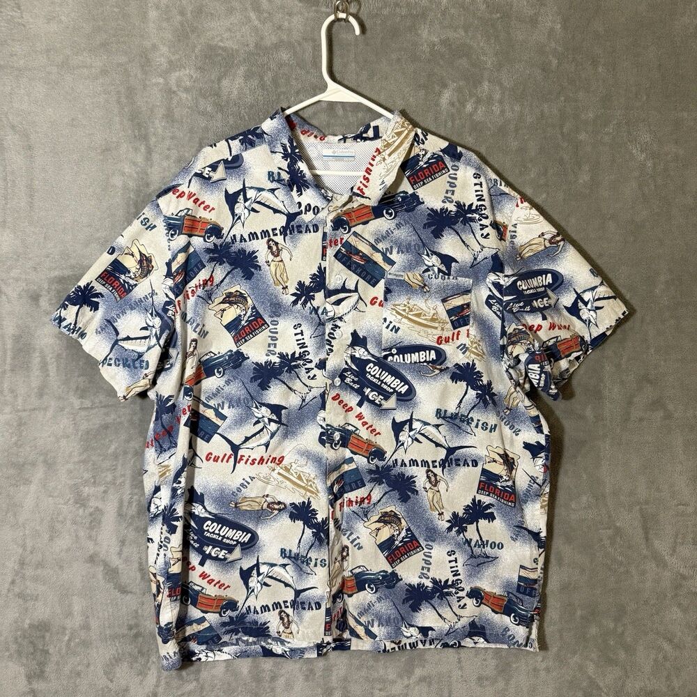 Columbia PFG Shirt Sz 2XL Hammerhead Florida Vented Fishing Pocket Blue